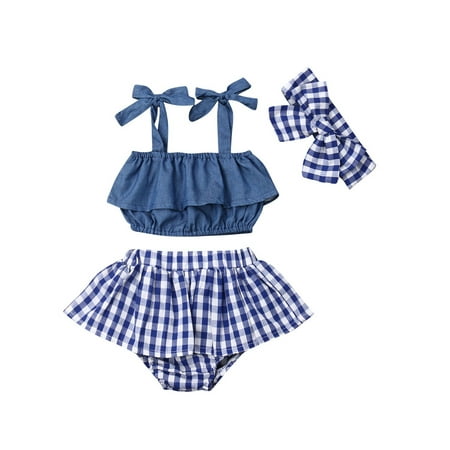 

3Pcs Toddler Baby Girls Plaid Off Shoulder Strap Denim Crop Top+Bowknot Shorts Bloomer Infant Summer Clothes Set