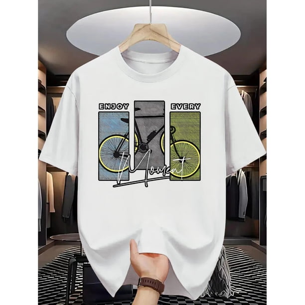1pc Summer Men'S Fashion Short Sleeve T-Shirt with Bicycle Print, Casual Crew Neck, 100% Cotton, Regular Fit with Slight Stretch, Adult Patterned Tee