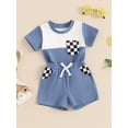 thumbnail image 2 of Suealasg Toddler Girls Clothes 1T 2T 3T 4T Baby Girl Summer 2Pcs Outfit Short Sleeve Checkerboard Print Tops Elastic Waist Shorts Set, 2 of 6