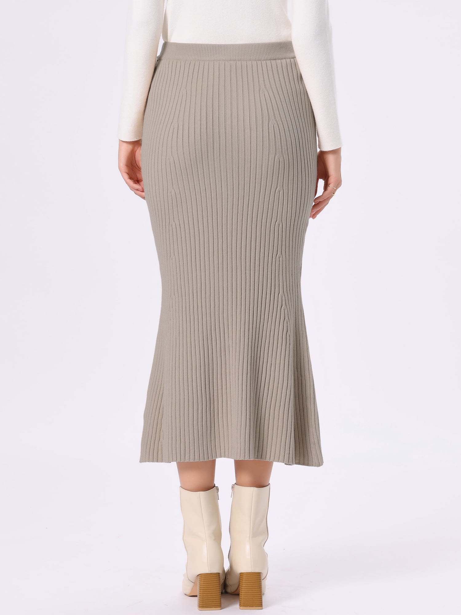 DARING DIVA Women's Knit Maxi Skirt Elastic Waist Ribbed Fishtail Skirt S Khaki