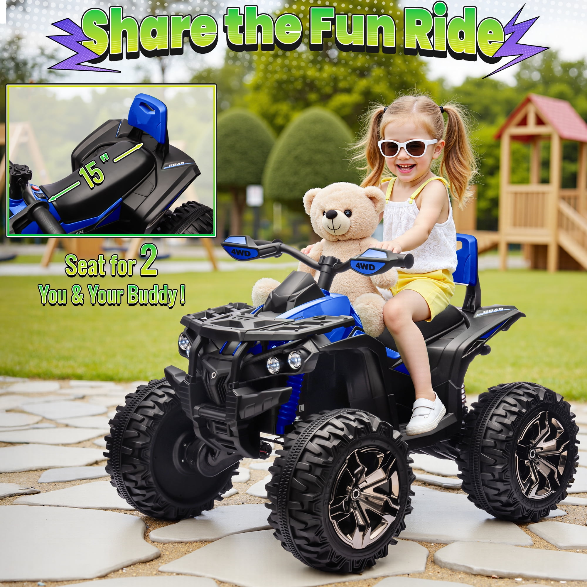 Joyracer 4WD ATV for Kids, 24 Volt Ride on Toys with Remote, Power Car Wheels, Outdoor Gift with 800W Motor, Bluetooth Music, Horn, LED, Blue