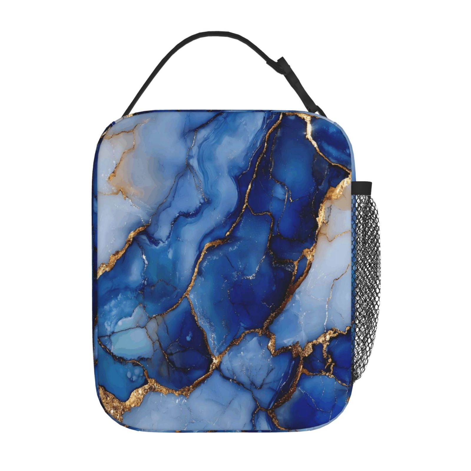 Lunch Bag For Women Men Insulated Portable Lunch Box Bento Box Office Picnic Travel Cooler Bag Blue And White Gold Marble