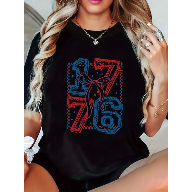 Patriotic Women'S T-Shirt with 1776 Flag Print - Casual Crew Neck, Short Sleeve, Lightweight Polyester Top for Spring & Summer, American Independence Day Design, Everyday Clothing | Comfortable