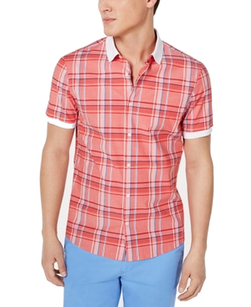 Michael Kors - Mens Shirts Red Slim-Fit Button-Front Plaid-Print $98 ...