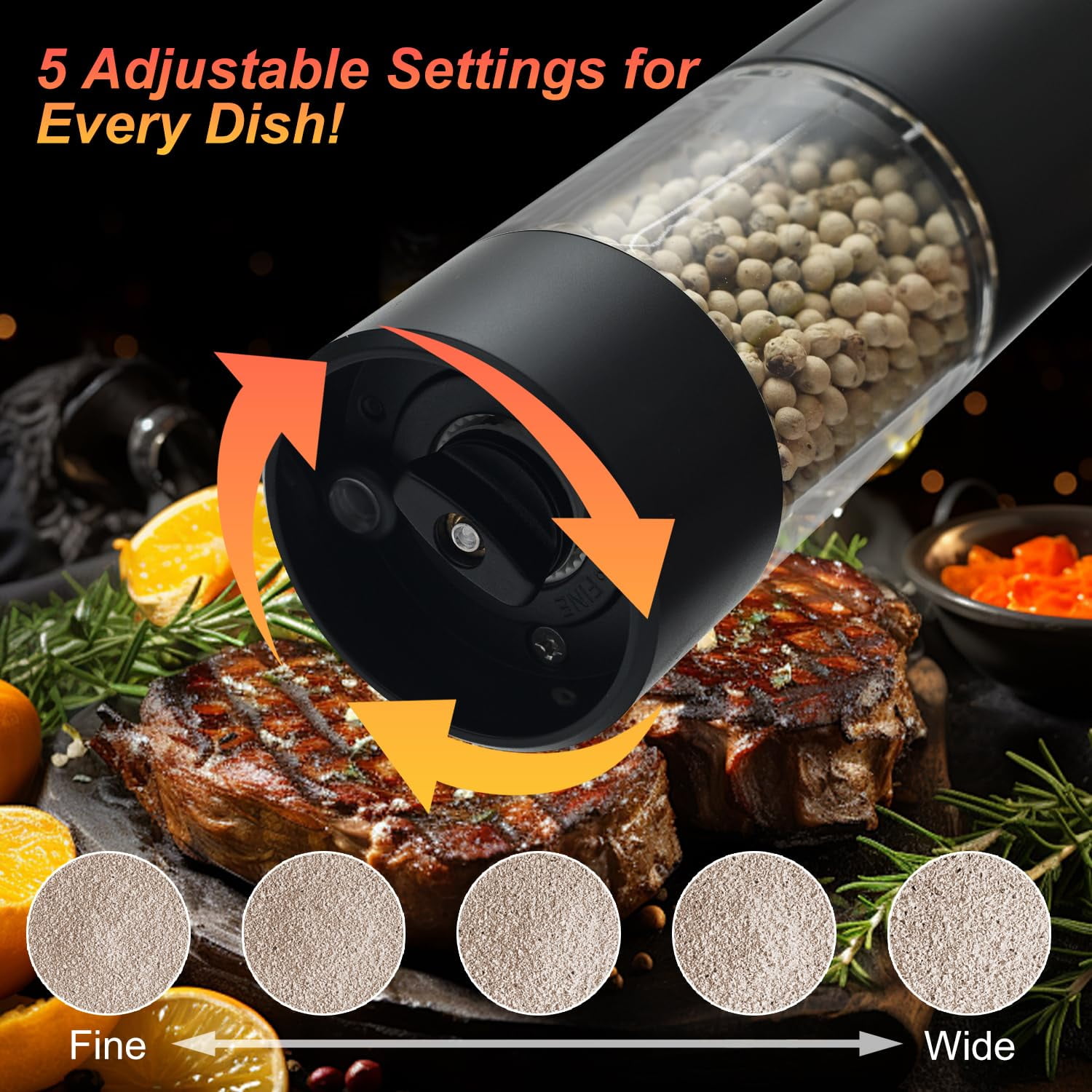 Electric Black Pepper Grinder with Salt Mill Function, Adjustable Coarse/Fine Settings, Quiet 60dB Operation, Perfect for Cooking or Gifting, Black