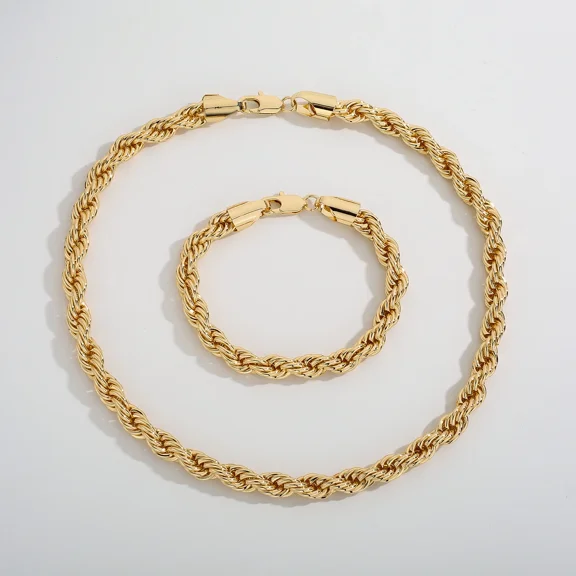 6Mm Rope Chain Bracelet and Pendant Necklace for Men and Women 14K Yellow Gold Jewelry