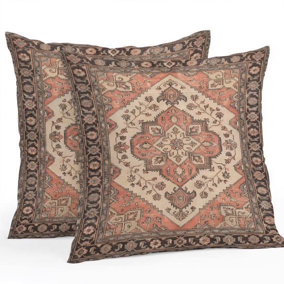 Throw Pillow Covers 18x18 Inch Set of 2, Red Beige Boho Waterproof Outdoor Pillow Covers, Vintage Ethnic Tribe Abstract Art Floral Decorative Cushion Pillowcases for Couch, Sofa, Bed, Garden, Patio