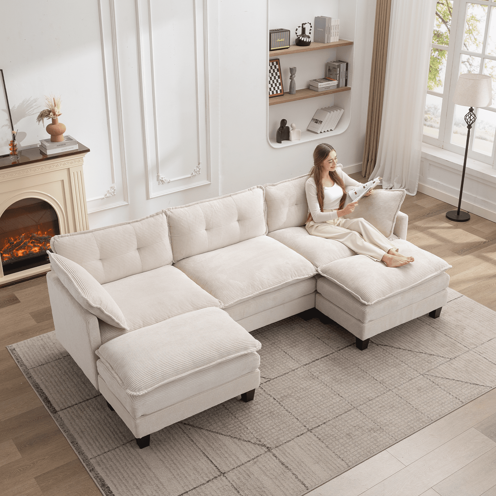 AIKEMING 112" U-Shaped Cloud Couch, Oversized Modular Sectional Sofa with 3-Seater Comfy Couch and 2 Movable Ottomans for Living Room, Beige