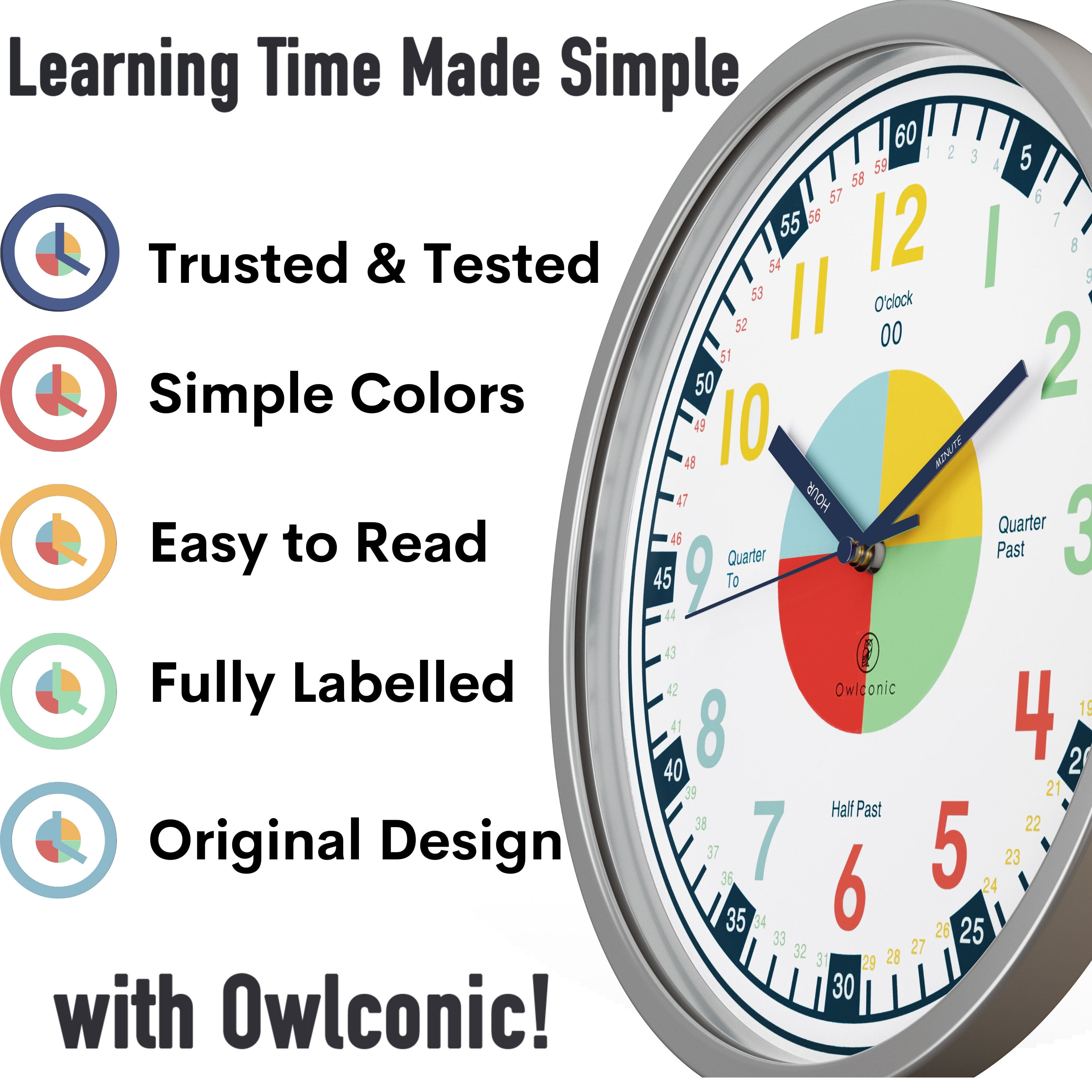 Owlconic® Kids Learning Wall Clock, Silent Analog Teaching Clock, 10 Inch, Multicolor