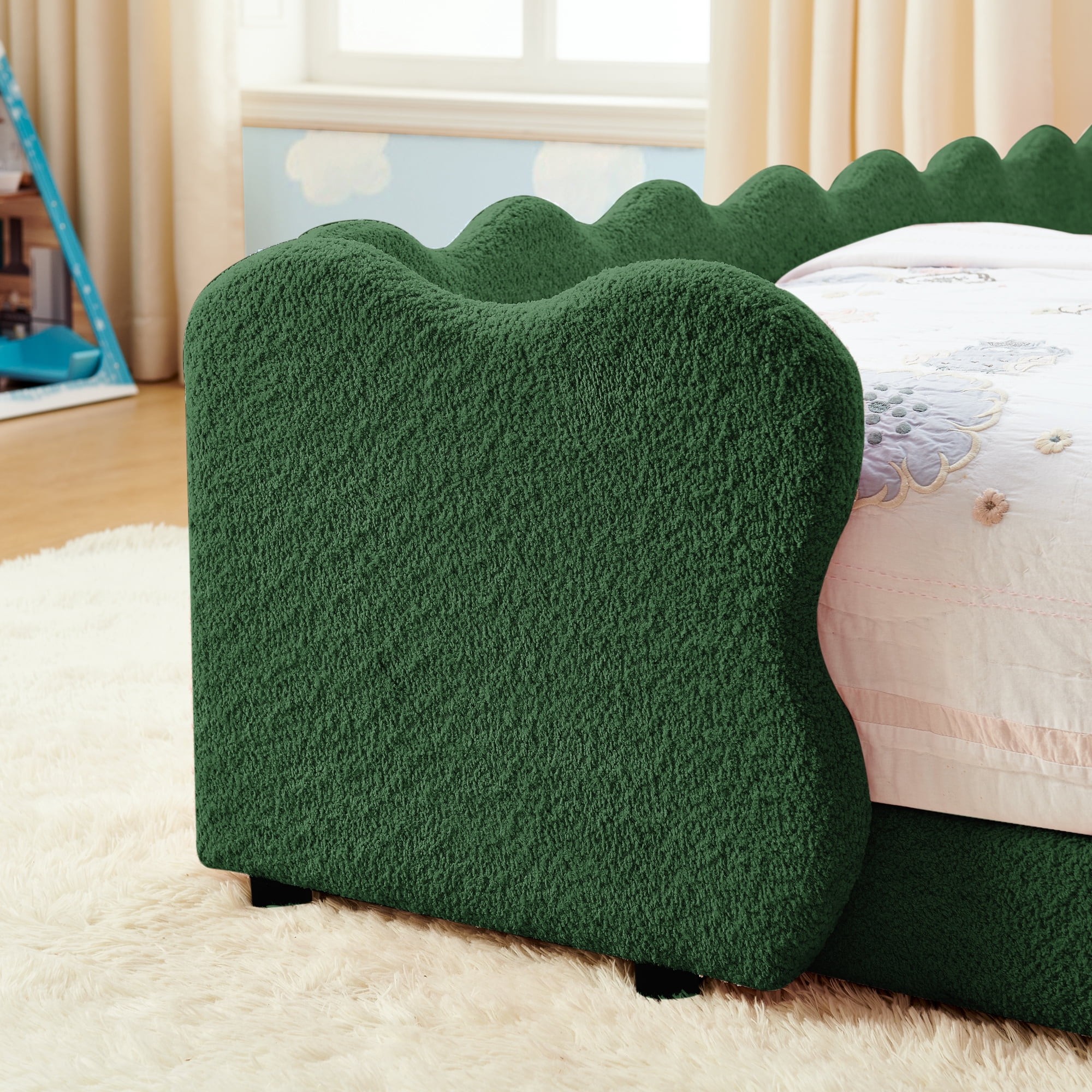 Avobird Twin Size Cute Dinosaur-Shaped Kids Bed with Safety Guardraild, Solid Wood Toddler Bed Frame for Children for Bedroom, Boucle Fabric, Blue