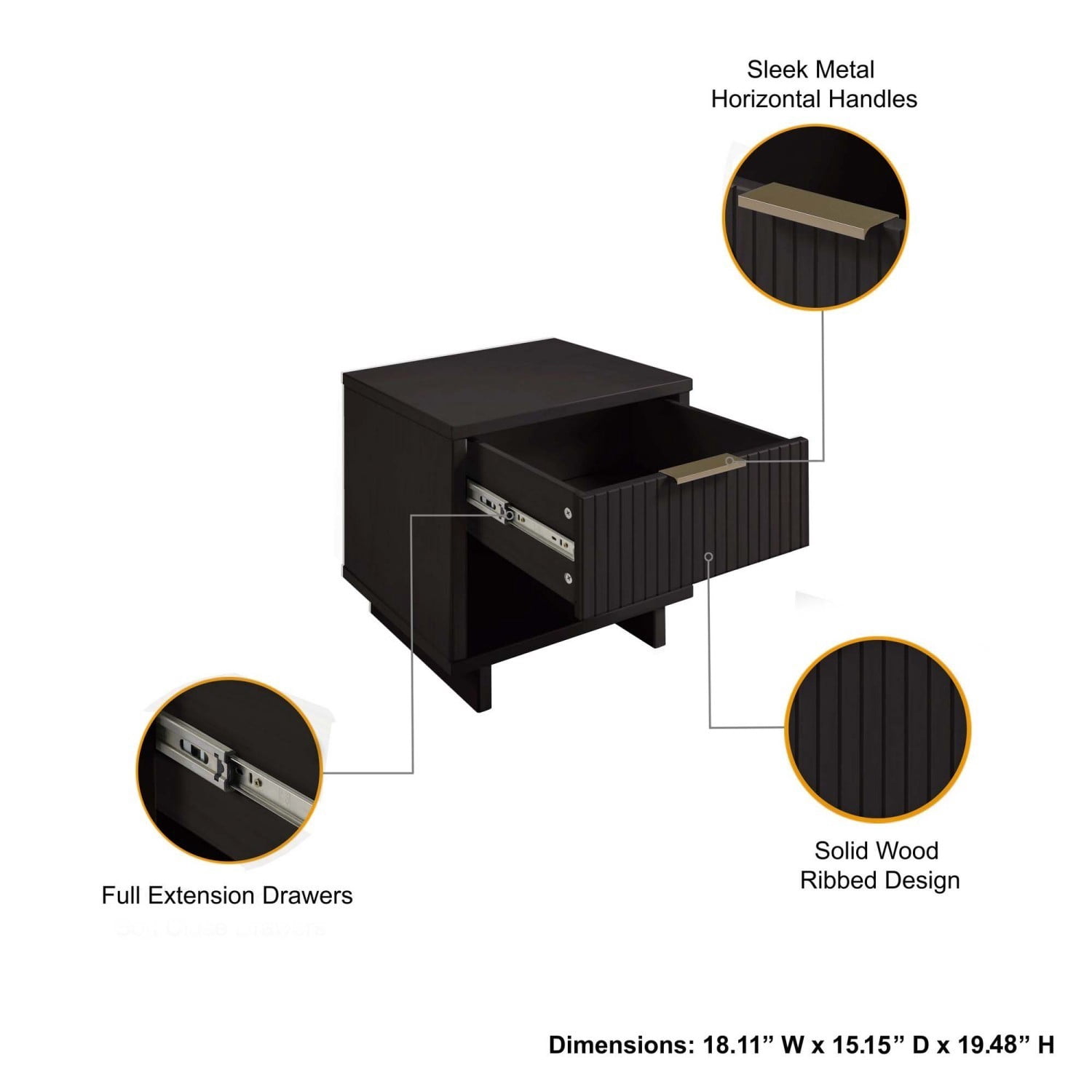 Black Nightstand, Modern Contemporary Bedside Table with 1 Drawer, Solid Wood Ribbed Drawer Front and Gold Handle, Glam Storage End Table for Bedroom Living Room