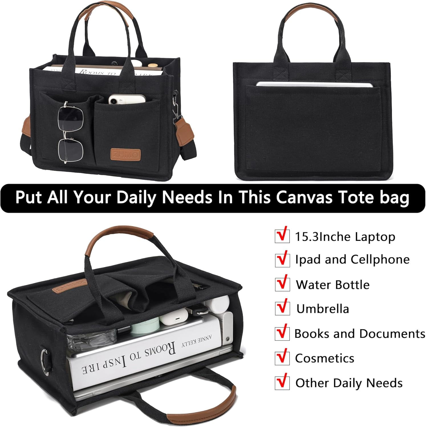 Large Canvas Tote Bag for Women With Pockets,Laptop Crossbody Purses Everything Everyday Bag Handbags for Work Beach Gym