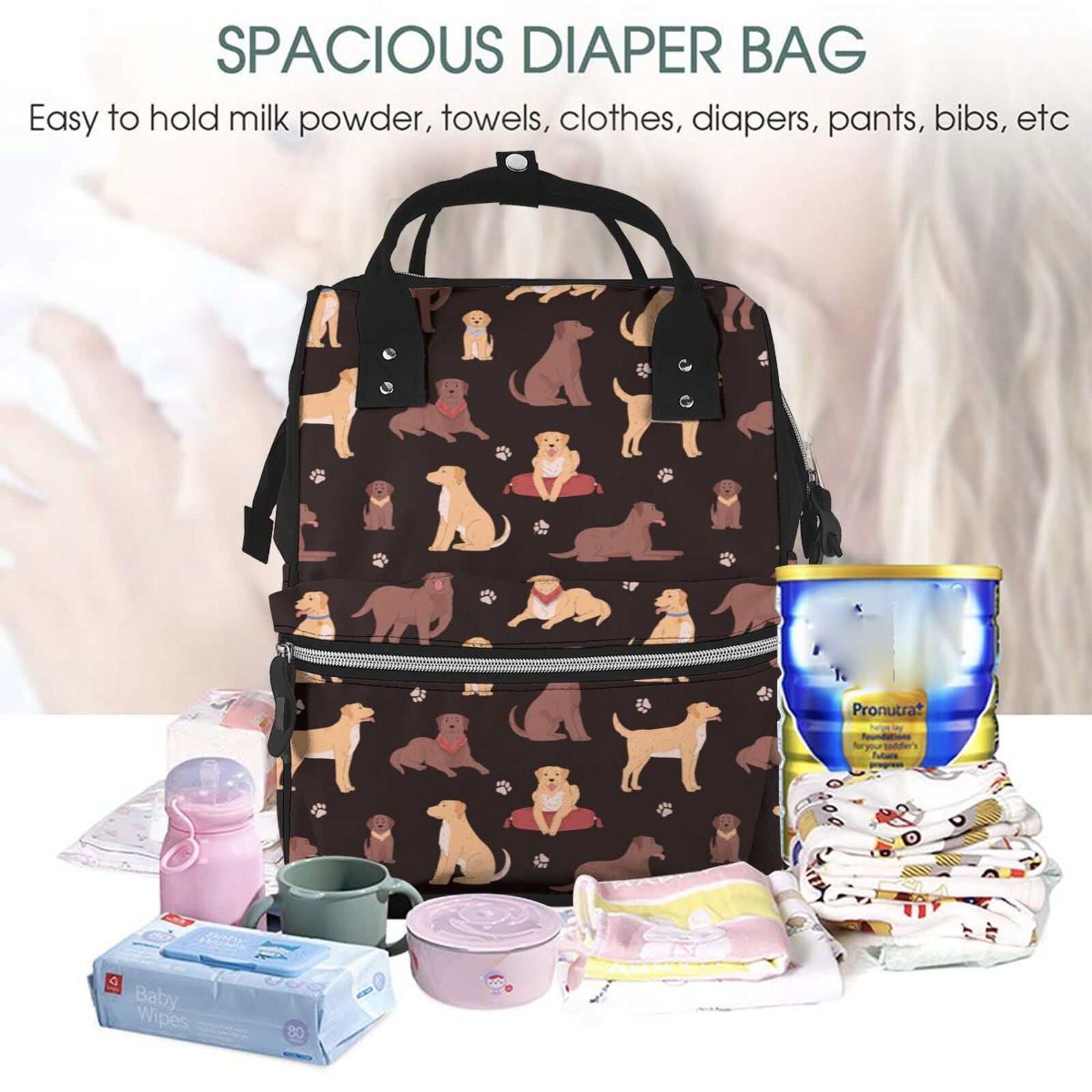 Ratiio Labrador Retriever Dog Mummy Backpack - Waterproof Twill Canvas, Large Capacity Diaper Bag with Multiple Pockets and Adjustable Straps