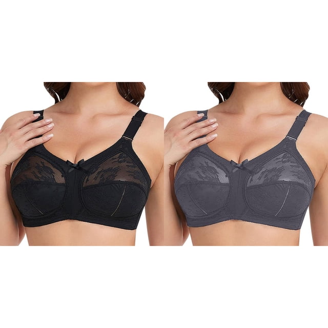 2 Pack(Black 1PCS & Dark Gray 1PCS) Woman's Bra Multipack Women's Plus Size Compression Sports Bra Minimiser Lace Full Coverage Firm Hold Non Padded Non Wired