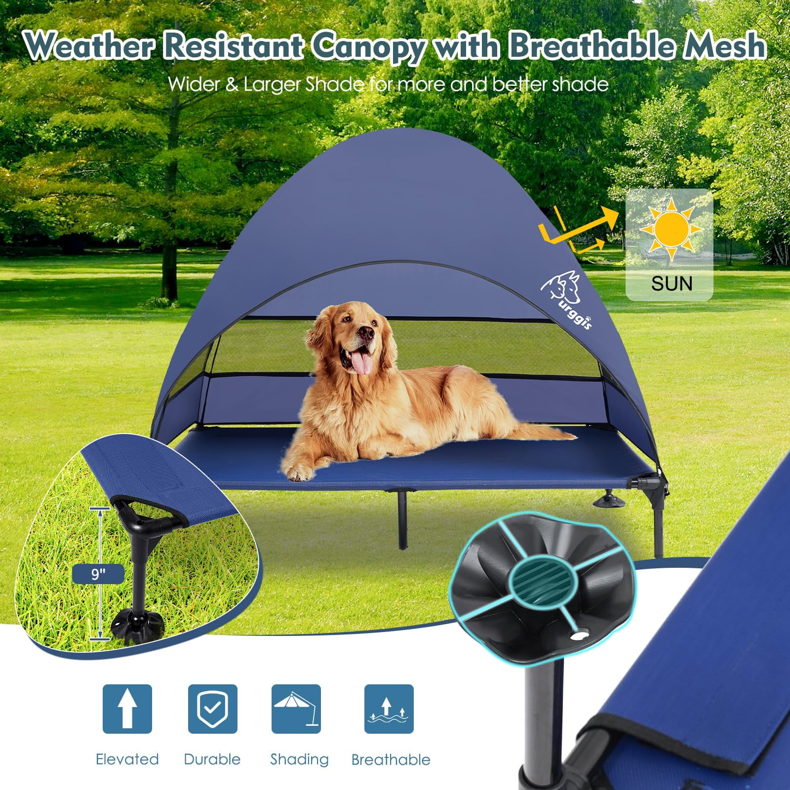 Furggis Elevated Dog Bed with Canopy, Portable Raised Outdoor Dog Bed with Stable Anti-Slip Feet, X-Large, Blue