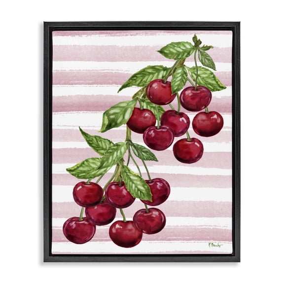 Stupell Industries French Country Juicy Cherry Vine on Stripes Black Floating Frame Canvas Art, 17 x 21, by Paul Brent