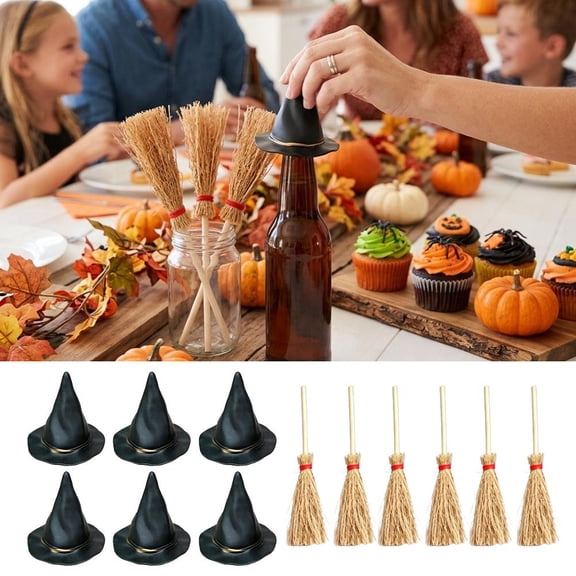 12 Pcs Mini Witch Hat and Broom Set, Plastic Black Hats with Wooden Sweepers for Fall Party Craft Table Decor Bottle Toppers