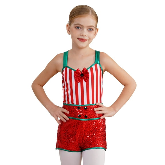 Aislor Kids Girls Candy Cane Costume Xmas Santa Cosplay Sleeveless Striped Sequins Leotard Size 6-16 A Red 14