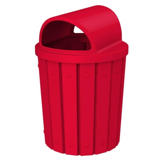 Sturdy Essentials 42 Gallon Slated Circle 100% Recycled Plastic Heavy Duty Outdoor Trash Can with Open Dome Lid and Internal Liner - Red