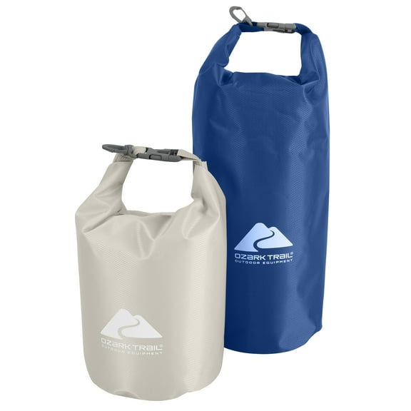 Ozark Trail Dry Bags, IPX6 Waterproof, 1 5L capacity, 1 10-Liter capacity, 2-pack, Blue and Silver