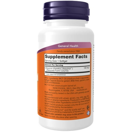 NOW Supplements, Ubiquinol 100 mg, High Bioavailability (the Active Form of CoQ10), 60 Softgels