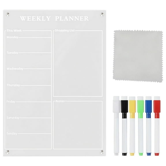 Acrylic Weekly Planner for Fridge, Clear Dry Erase Calendar, Includes, Includes Six Colors of Erasable Pens, Cloths, and Packaging Box, Removable Notes Section, Ideal for Kitchen, Office