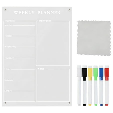 Acrylic Weekly Planner for Fridge, Clear Dry Erase Calendar, Includes, Includes Six Colors of Erasable Pens, Cloths, and Packaging Box, Removable Notes Section, Ideal for Kitchen, Office