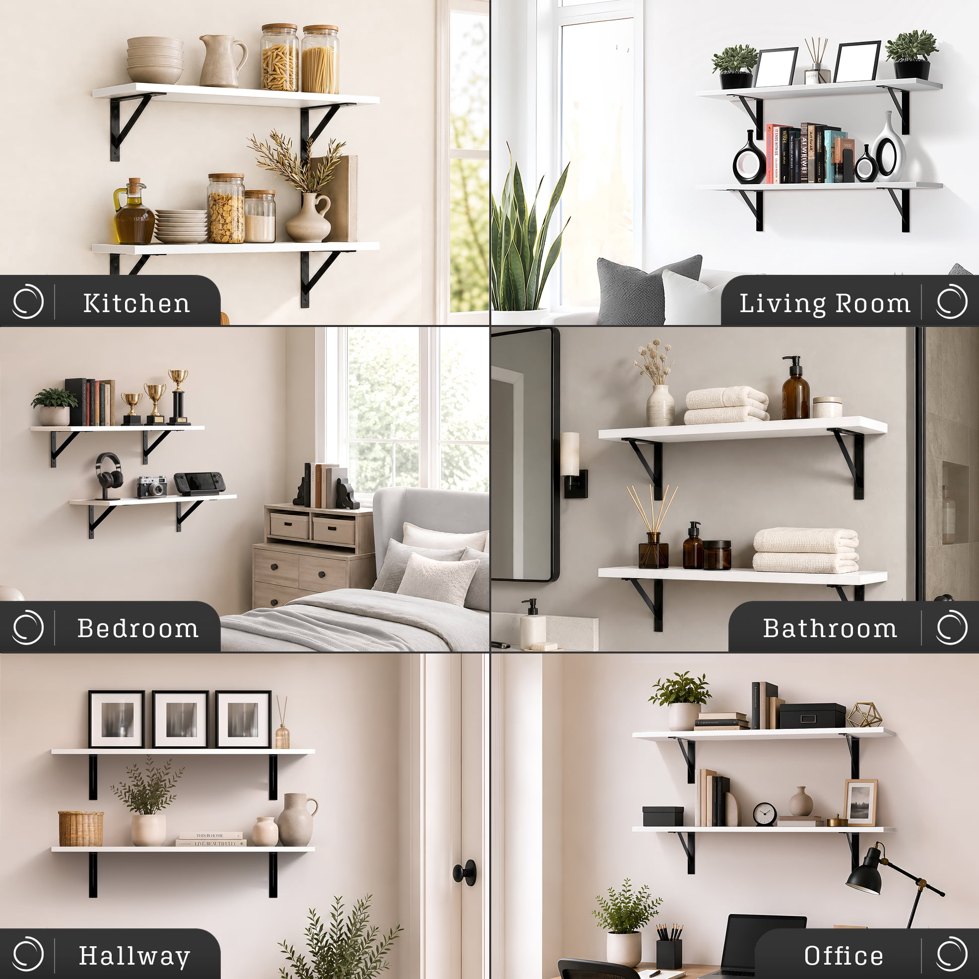 Sorbus 31.5 in Wood Wall Shelves with Black Metal Brackets, White, 2-Piece Set