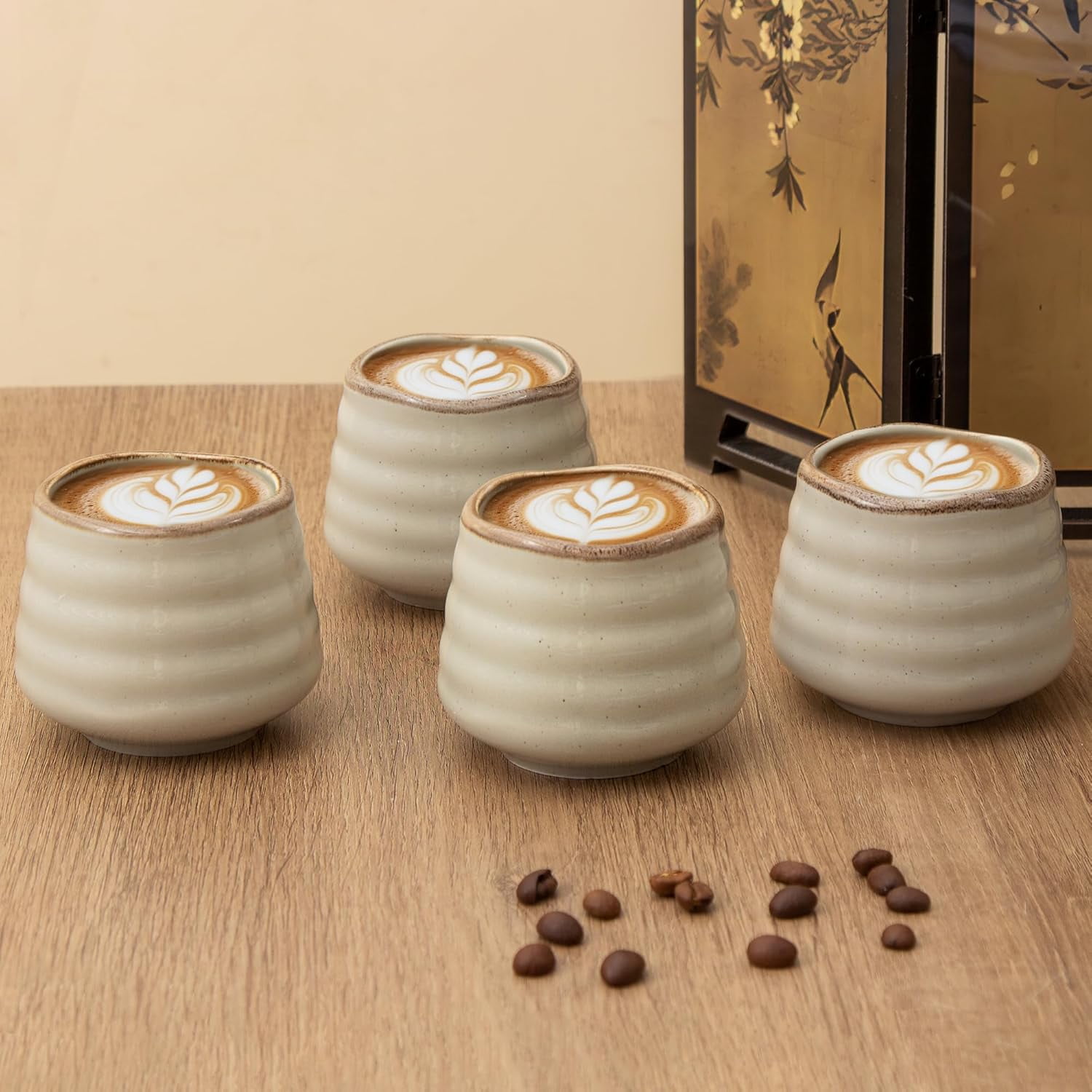 4pcs Japanese Tea Cup Set – Mini Size 5OZ Ceramic Matcha Cup, Handless Espresso Cups, Cute Small Porcelain Coffee Mugs for Lovers, Dishwasher & Microwave Safe(Retro Grey)