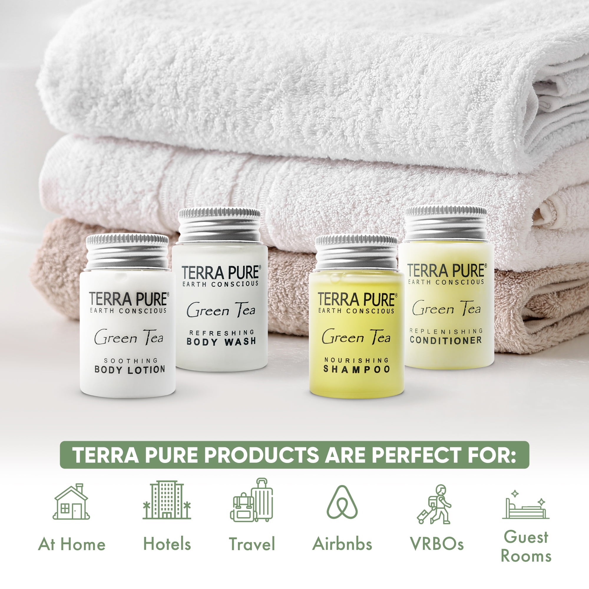 Terra Pure Green Tea 1.0 oz. Toiletries Set | 1-Shoppe All-In-Kit Amenities For Hotels, Airbnb & Rentals | Hotel Shampoo & Conditioner, Body Wash, Body Lotion | 80 Piece Travel Set