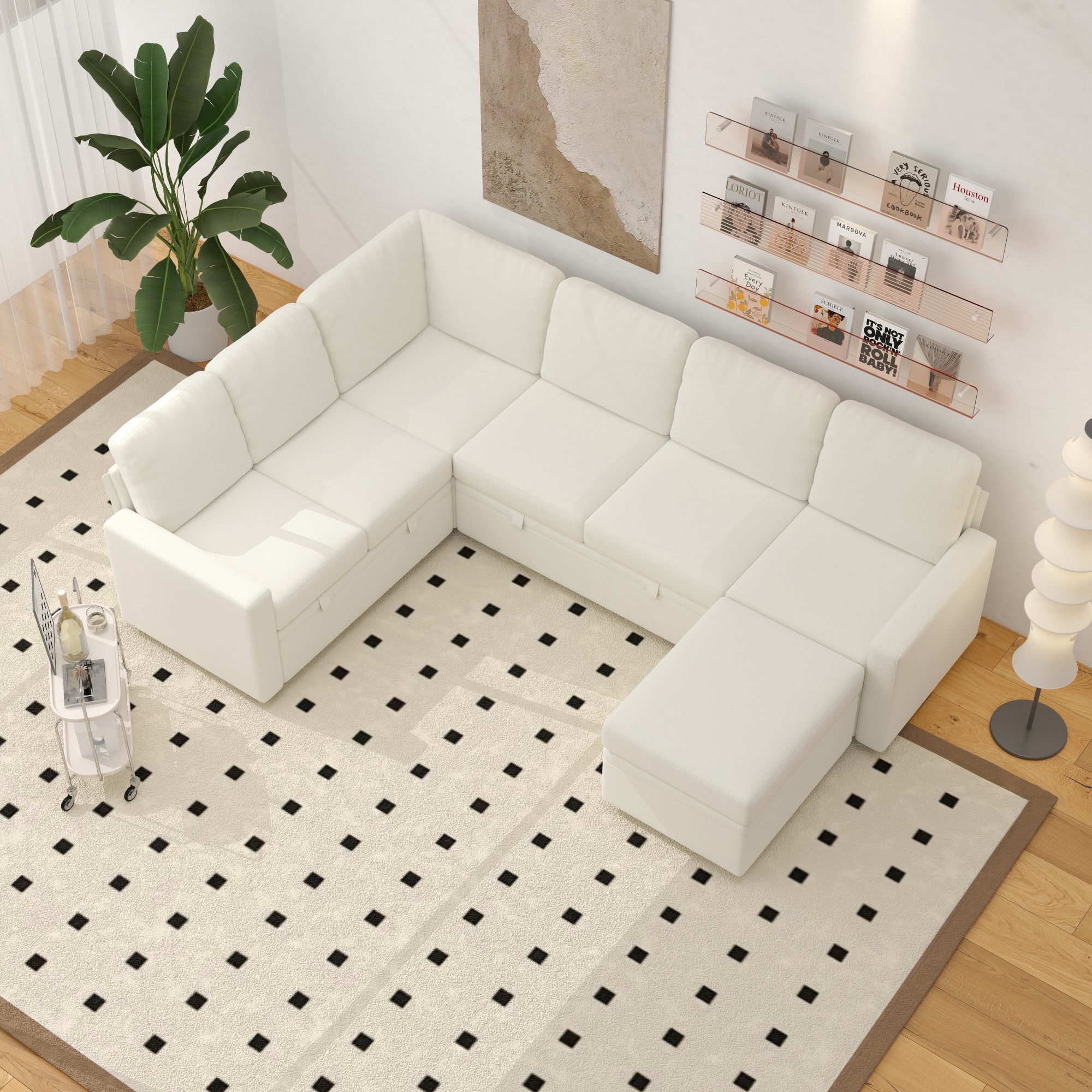 Gewnee 6-Seater Beige L-Shaped Convertible Sofa - Skin-Friendly & Wear-Resistant Chenille Fabric, Multifunctional Storage, for Living Rooms & Halls（including 1 footstool）