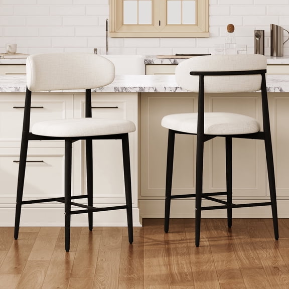 GOMYHOME Counter Height Bar Stools Set of 2, Upholstered Beige Counter Stools with Metal Legs