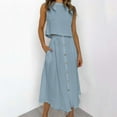 thumbnail image 2 of VBARHMQRT Female Linen Skirt Set Khaki Womens Solid Sleeveless Top Button Skirt Cotton Leprosy Two Piece Long Dress Set Linen Skirt and Top Set for Women Linen Skirt Set, 2 of 8