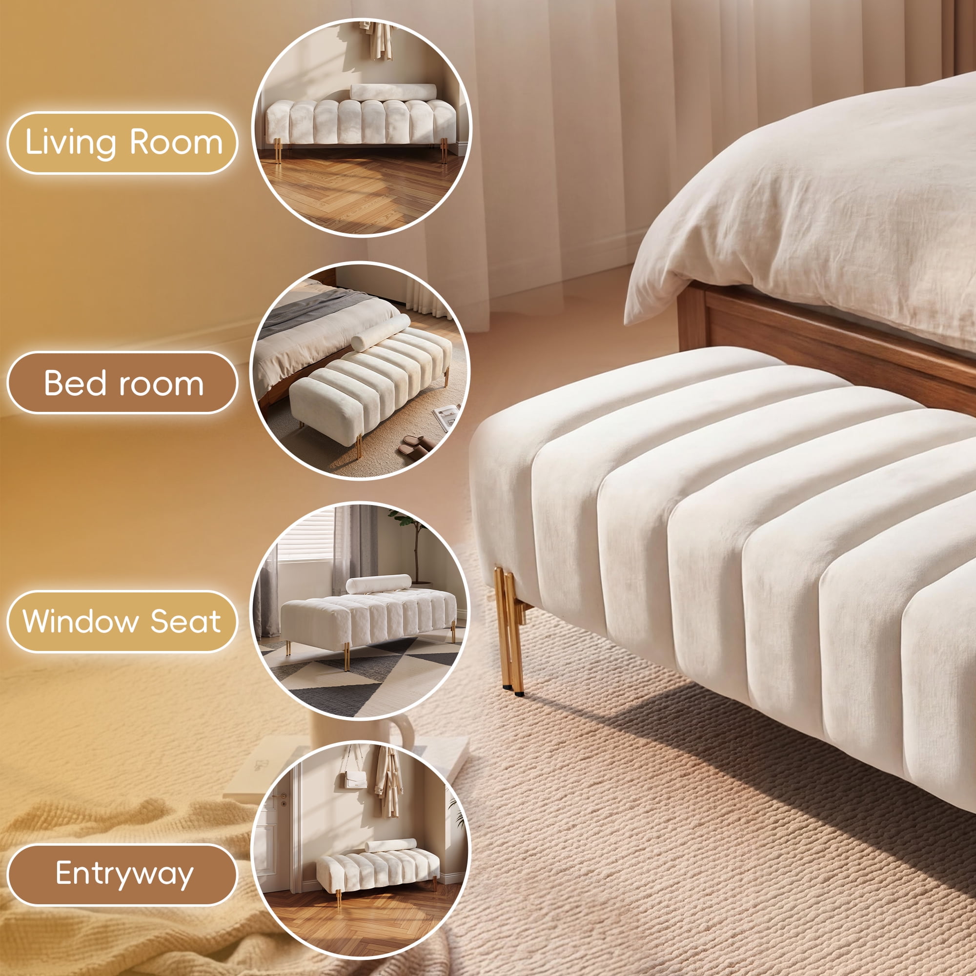 Wiilayok 52" Upholstered Velvet Ottoman Bench,End of Bed Bench with Gold Legs,Tufted Long Bench for Bedroom Living Room Foyer Indoor Entryway, Beige