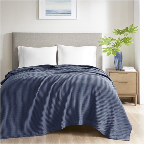 JERFIT King Size Cotton Waffle Weave Blanket, Indigo Blue Lightweight & Breathable Summer Throw for Bed or Couch, OEKO-TEX Certified, Machine Washable