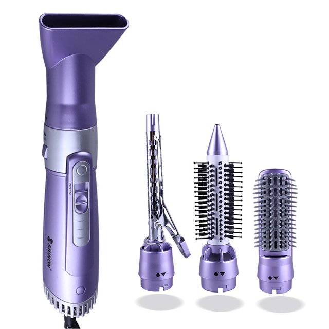 Peine eléctrico 4 en 1 para rizar y alisar cabello, con 4 cabezales intercambiables, material cerámico de turmalina, uso en seco y húmedo, voltaje 220V, color morado, enchufe europeo.