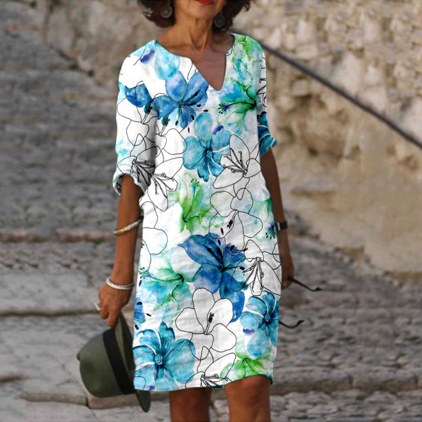 WILLBEST Vestidos de Mujer Vestido Estampado Vintage para Mujer Vestido con Cuello En V Vestido Diario de Longitud Media Vestido de Media Manga Vestido de Verano de Moda Extra Grande