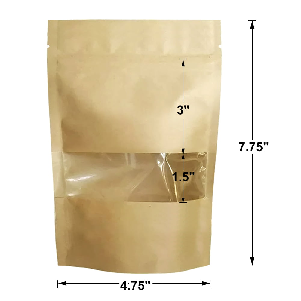 50 Natural Kraft Stand up Pouches with Window and Zip Lock Food Storage Bag 