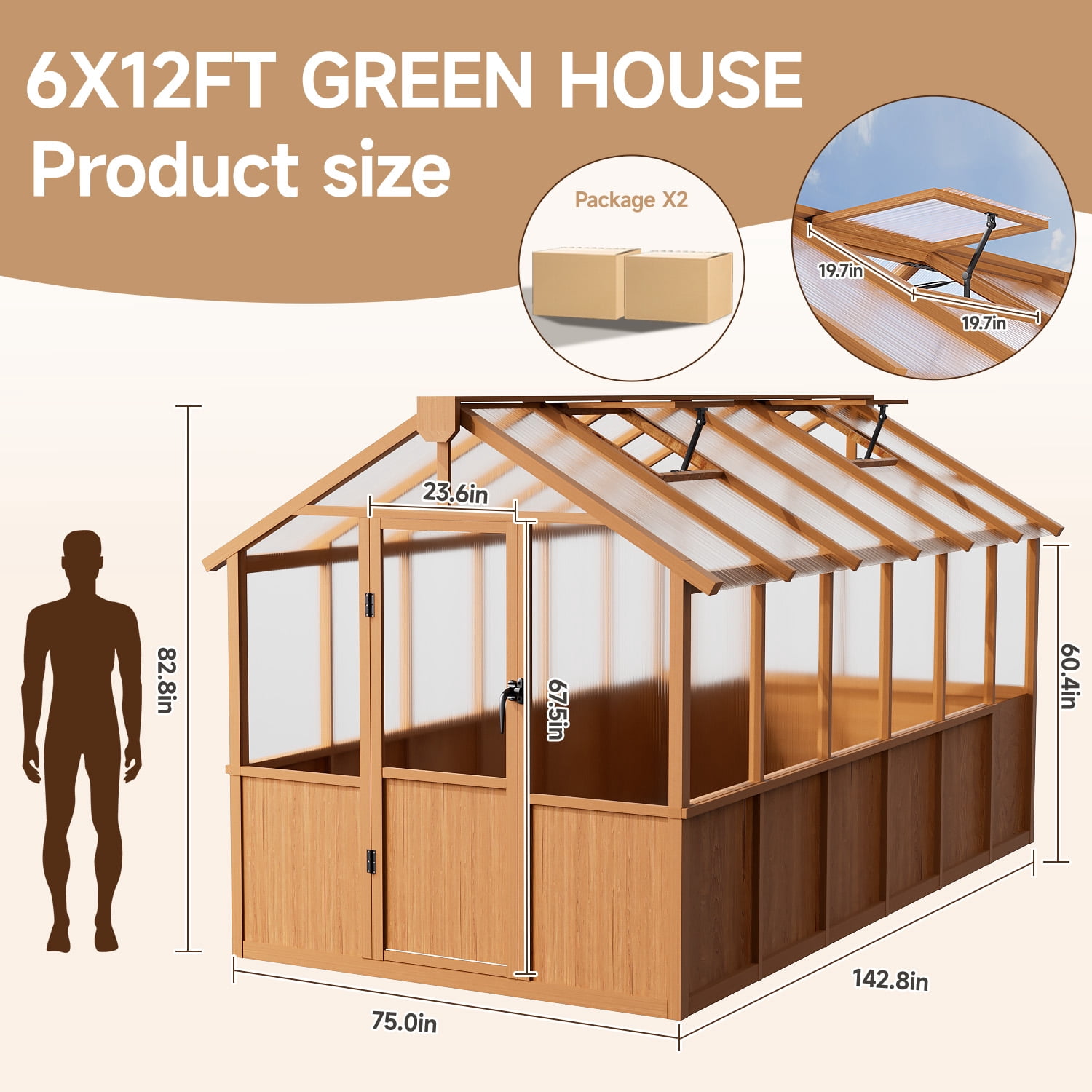 EASYHAWK 6 ft. x 12 ft. Wood Greenhouse for Outdoors, Polycarbonate Panel Wooden Walk-in Greenhouse Kit and Adjustable Roof Vent Backyard Garden,Patio