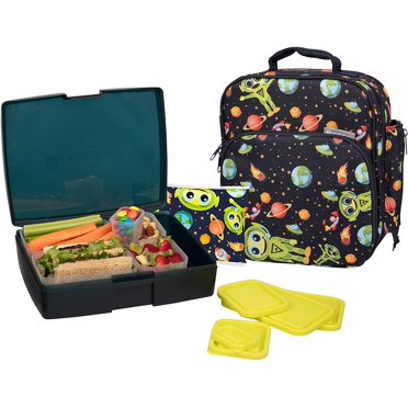 Bentology Lunch Bag and Box Set for Boys, 9 Pieces Total - Kids Insulated Lunchbox Tote, Bento Box, 5 Containers and Ice Pack - Alien