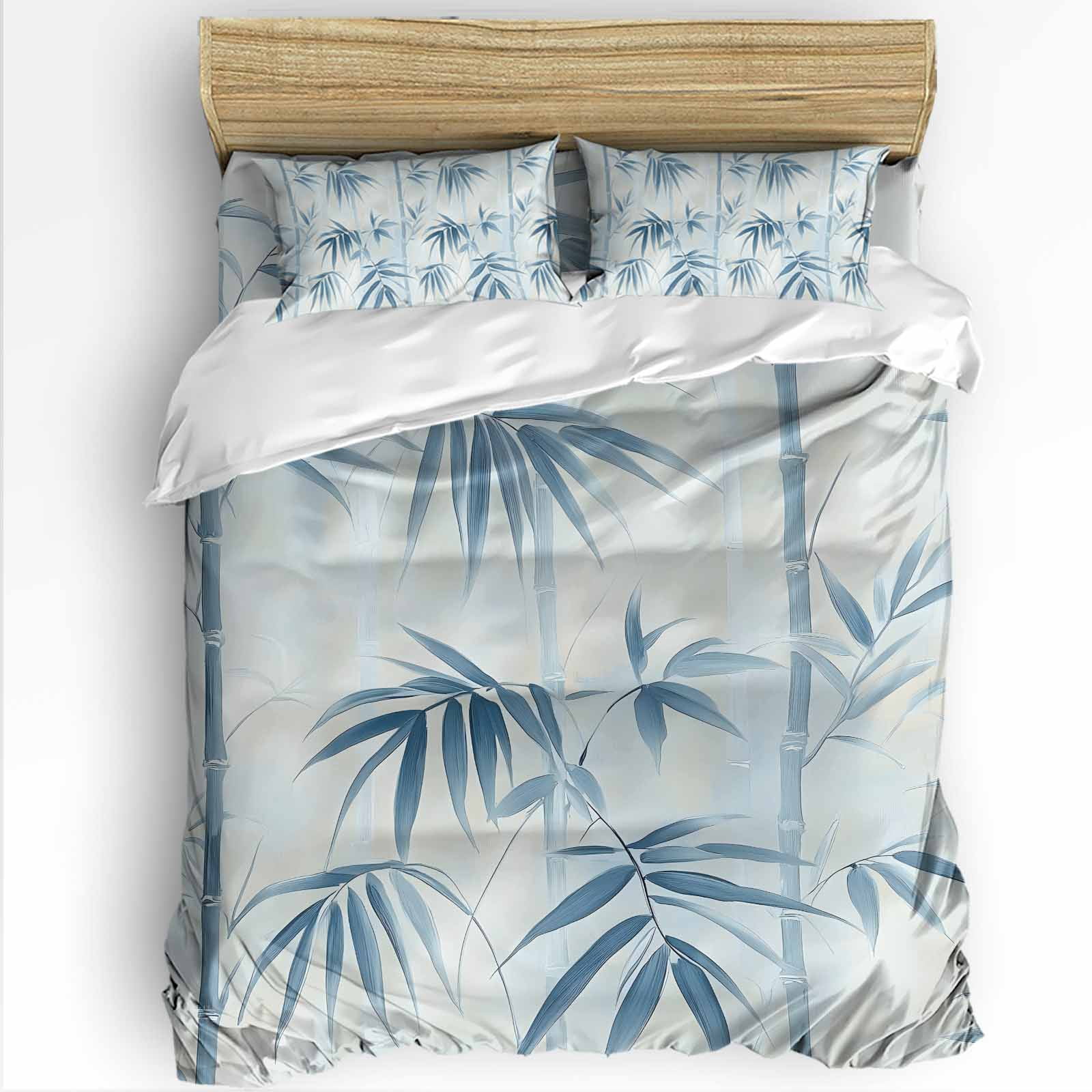 Bamboos Leaf Queen Duvet Cover Set, Blue Leaves Abstract Watercolor Art 4 Piece Microfiber Bedding Set with Zipper Closure, Bed Sheet and 2 Pillow Shams, Soft Bedding Cover