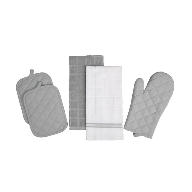 Mainstays 5 Pack Kitchen Towel Oven Mitt Pot Holder Kitchen Set Silver Walmart Com Walmart Com