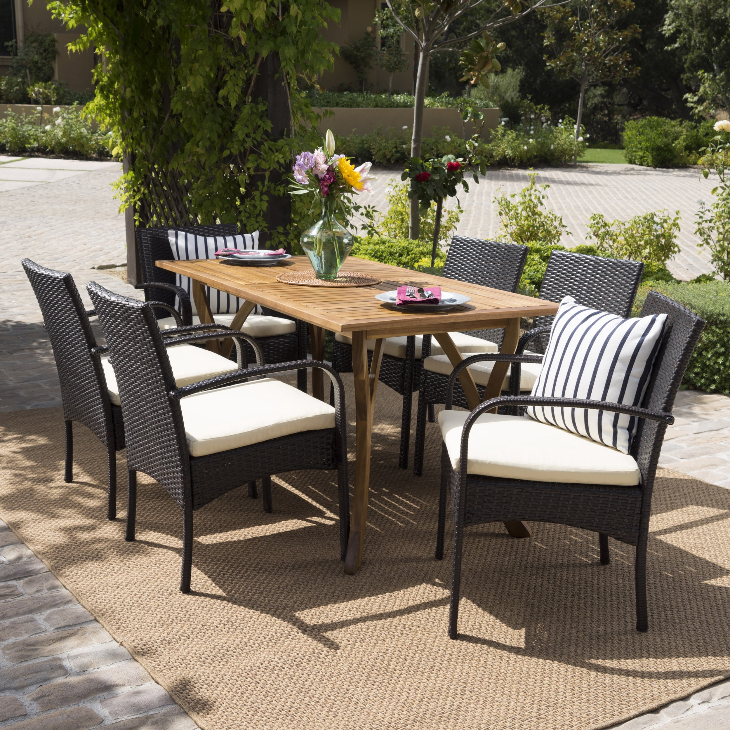 Caraga 7 Piece Outdoor Wicker and Acacia Wood Dining Set with Cushions, Multibrown, Creme