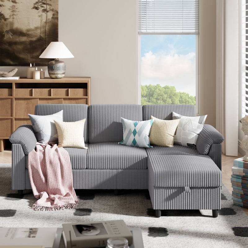 Walsunny 79" Convertible Sectional Sofa, L Shaped Sofa Couch with Reversible Chaise for Living Room Modern Linen Fabric for Living Room, Light Gray