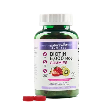 NatureWise Biotin Gummies - Hair, Skin and Nails Supplement - Vitamin B7 5000mcg Supports Hair and Nail Strength - Strawberry-Kiwi Flavor - Vegan, Non-GMO, Gluten Free - 90 Count[45 Day Supply]