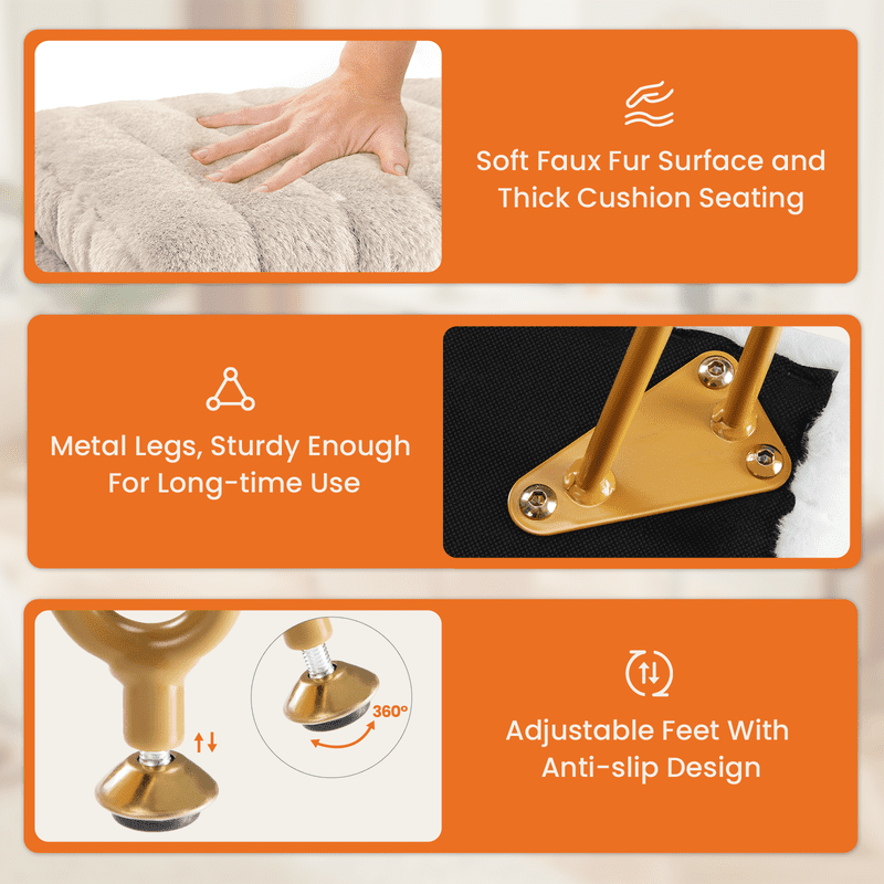 Gianna Square Ottoman with Storage, Makeup Cute Soft Small Footstool, Modern Style Faux Fur Seat with 4 Metal Legs & Adjustable Feet for Dressing, Living Room Bedroom Dorm, Camel
