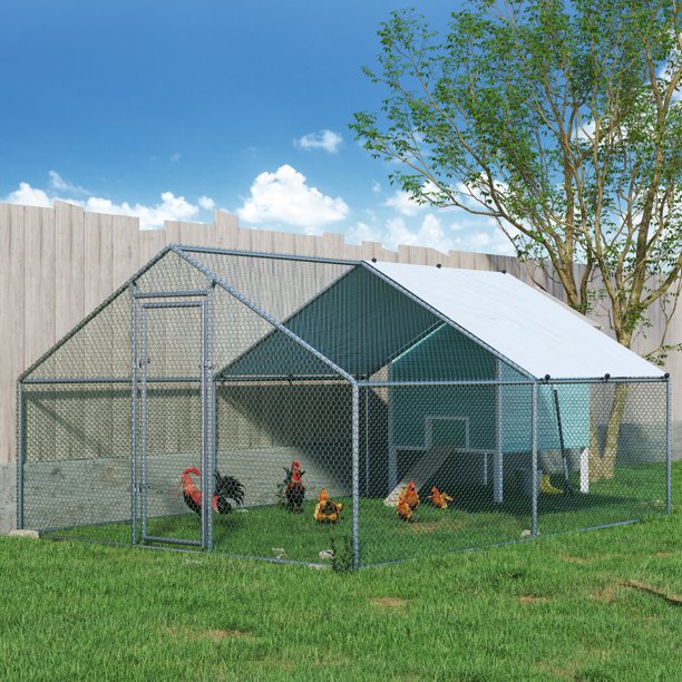 Catrimown Large Metal Chicken Coop, Walkin Chicken Runs for Yard, Poultry Cage House, Silver