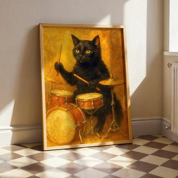 PosterArt Black Cat Playing Drums Wall Art, Whimsical Style, Music Room Poster, Cat Decor, Animal Musician Poster, 8x12 UNFRAMED