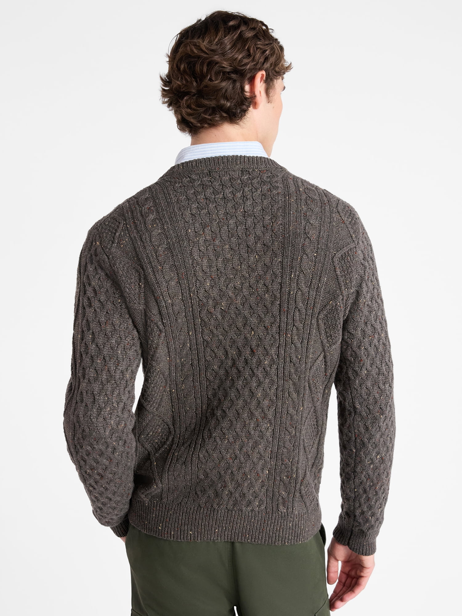 Free Assembly Men's Fisherman Crew Neck Sweater with Long Sleeves, Sizes XS-3XL