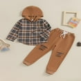 thumbnail image 2 of Boys Ripped Drawstring Pants Set with Long Sleeve Hooded Plaid Tops, 2 of 9